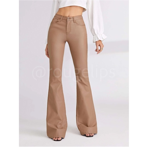 Rouge! Denim - Tan Faux Leather Wax Coated Jeans Flared Leg Bell Bottom High Waist